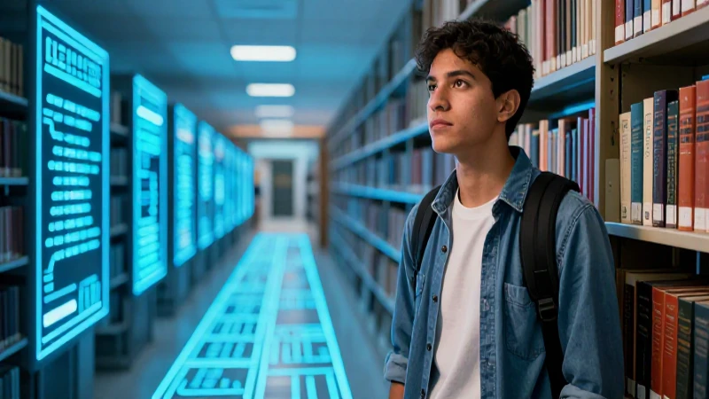 Estudiante mexicano mira camino digital vibrante