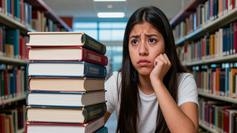 Estudiante mexicano angustiado con libros en una biblioteca moderna