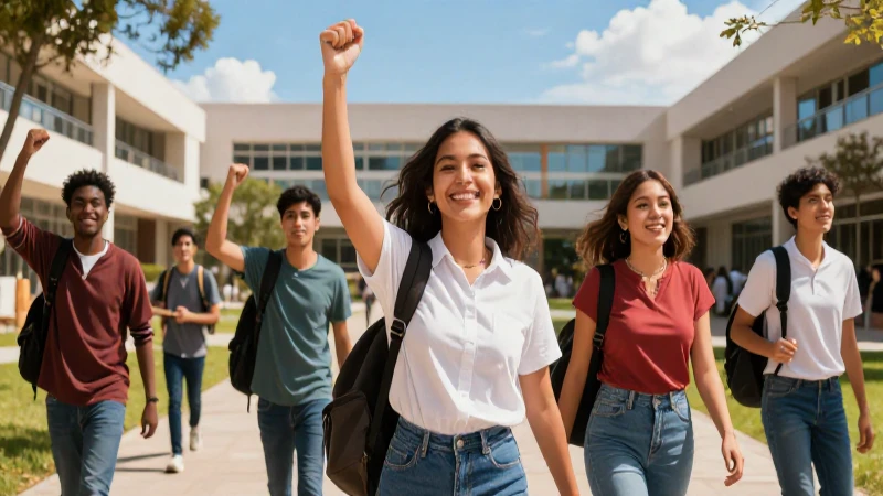 Estudiantes mexicanos brillantes en campus universitario moderno