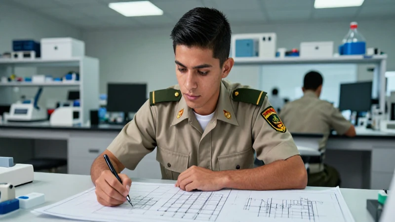 Cadete mexicano ingenieril en laboratorio enfocado