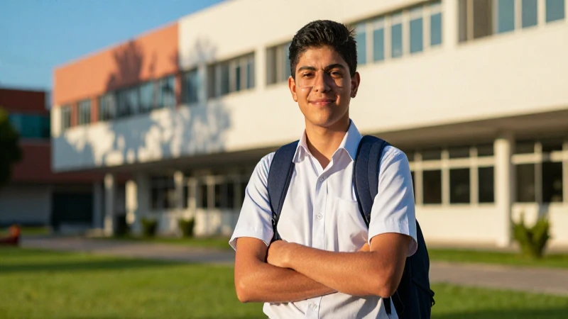 Estudiante mexicano profesional estudia en campus moderno