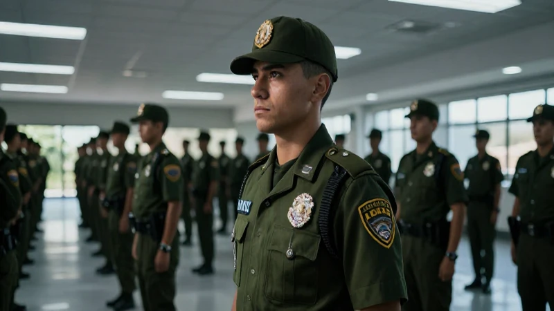 Cadete de policía mexicano en entrenamiento dramático