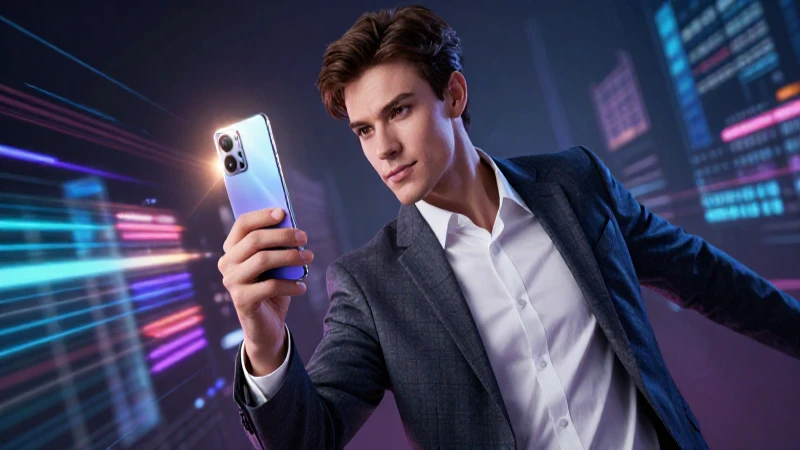 Joven profesional con celular futurista y efectos holográficos