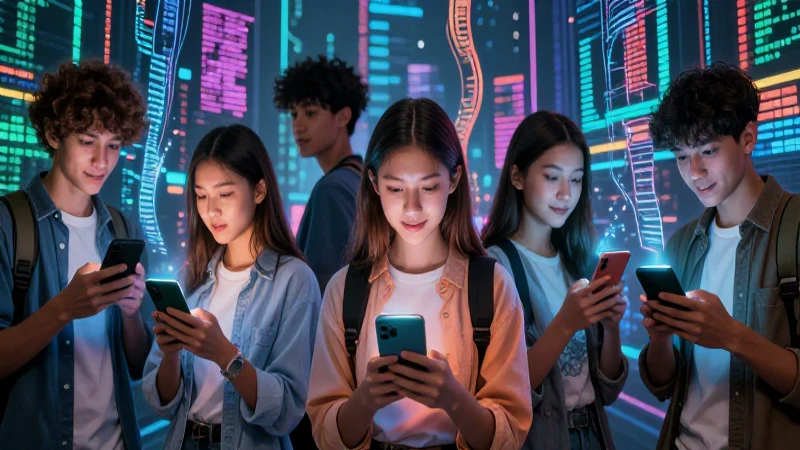 Jóvenes digitales con smartphones y datos vibrantes