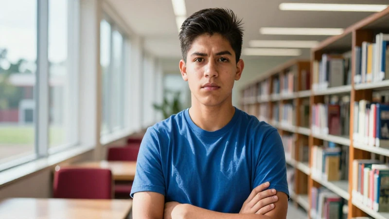 Estudiante mexicano determinado en biblioteca moderna