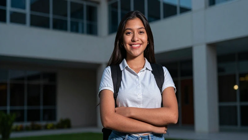 Estudiante universitario mexicano exitoso en campus moderno
