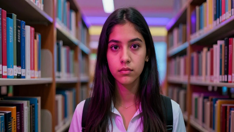 Estudiante mexicana enfocada en biblioteca moderna