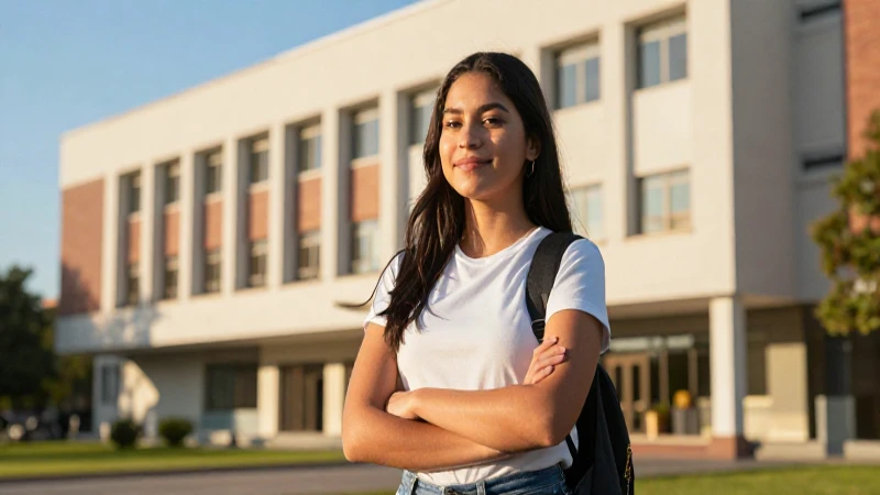 Estudiante en campus moderno, estilo cinematográfico