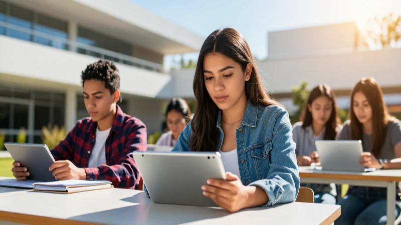 Estudiante mexicana estudia en moderno campus universitario