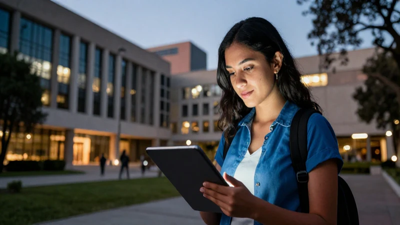 Estudiante de diseño mexicano con tablet en campus moderno