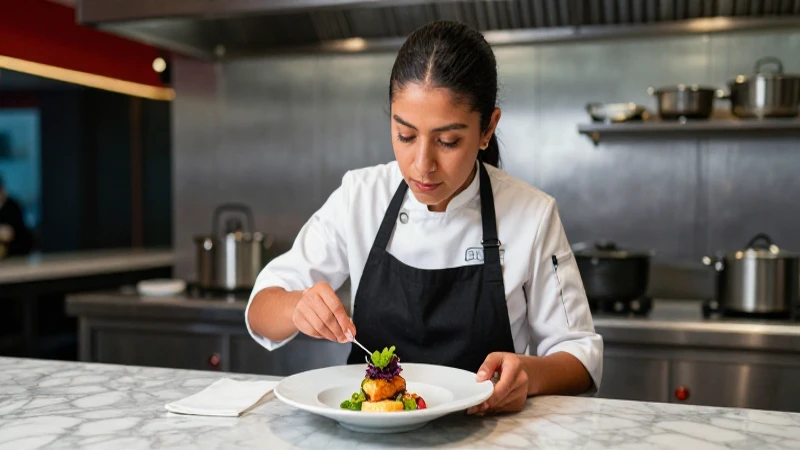Chef ambicioso cocina un plato gourmet perfecto