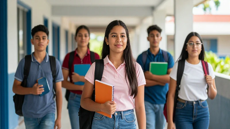 Estudiantes mexicanos diversos en pasillo escolar moderno