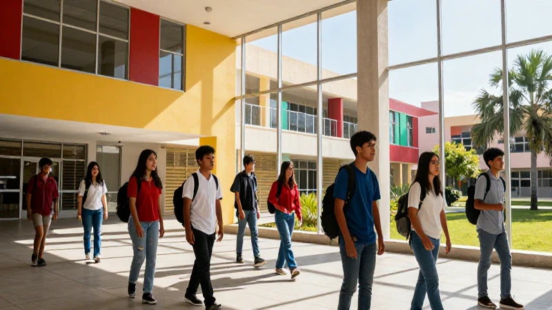Estudiantes mexicanos en campus moderno y vibrante