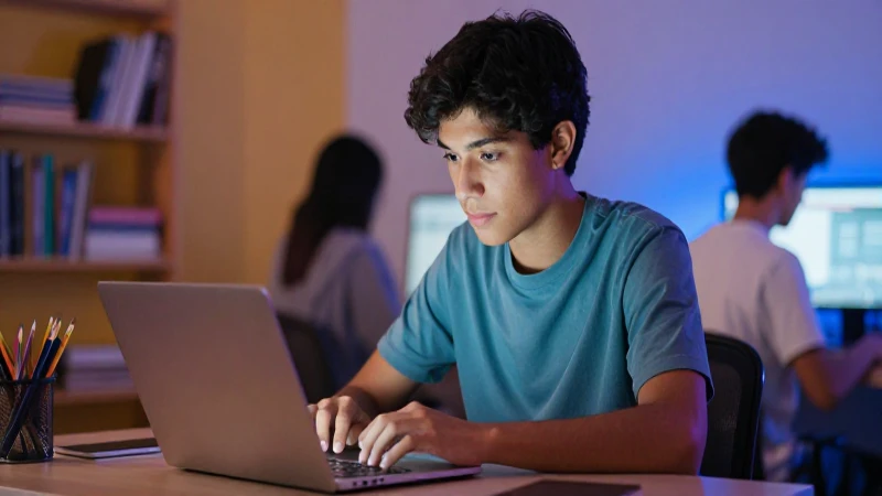 Joven mexicano estudiando en entorno digital vibrante