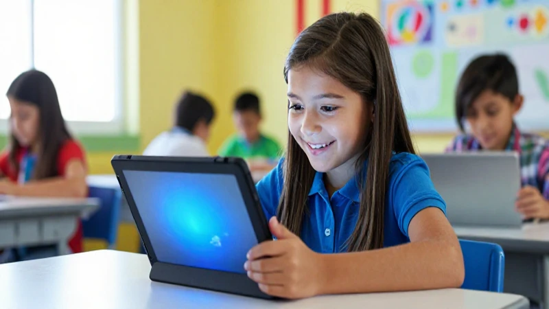 Estudiante feliz aprende con tablet vibrante