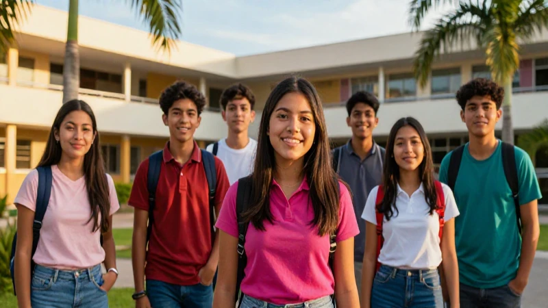 Estudiantes mexicanos en campus tropical al atardecer
