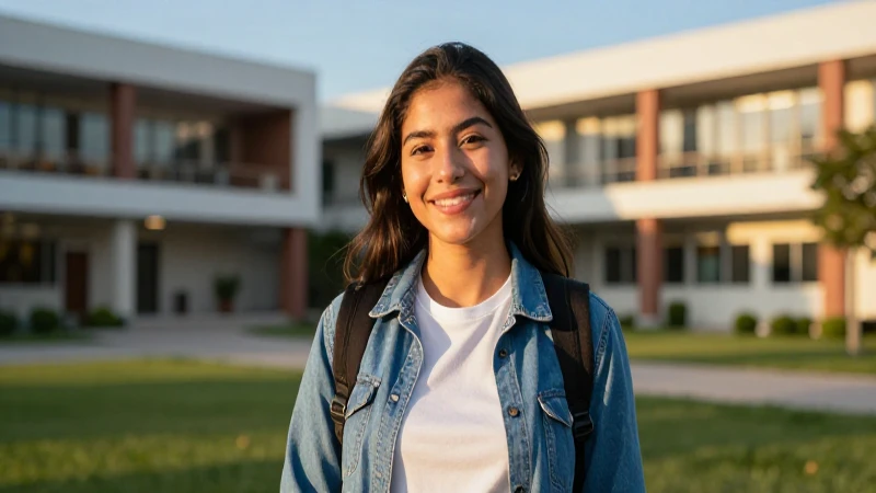 Joven mexicano sonriendo en un campus moderno
