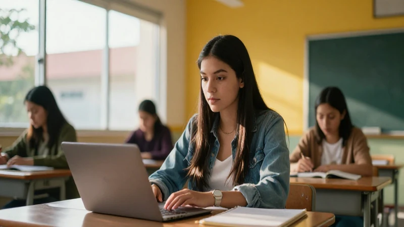 Estudiante mexicana en aula moderna con luz cinematográfica