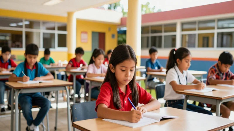 Alumnos mexicanos en escuela moderna y soleada