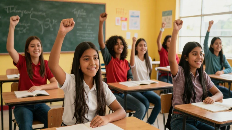 Estudiantes mexicanos celebrando el éxito en un aula moderna