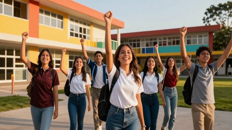 Estudiantes felices en moderno campus mexicano