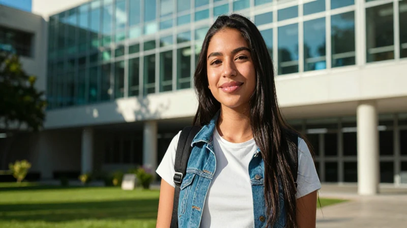 Estudiante mexicana exitosa en campus moderno