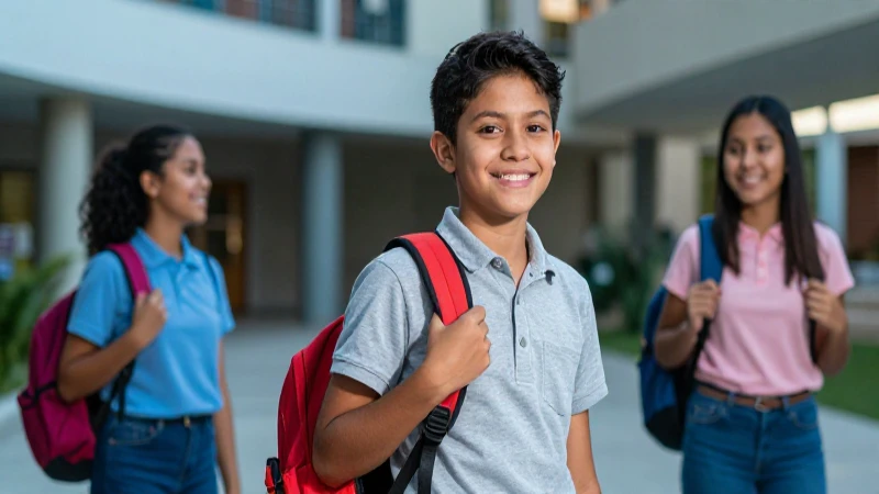 Joven mexicana sonríe en campus con mochila colorida