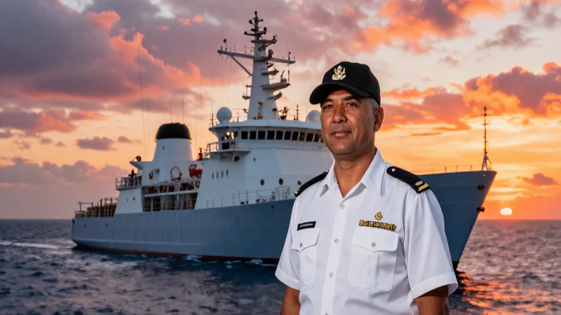 Marino profesional en barco, atardecer cinematográfico vibrante