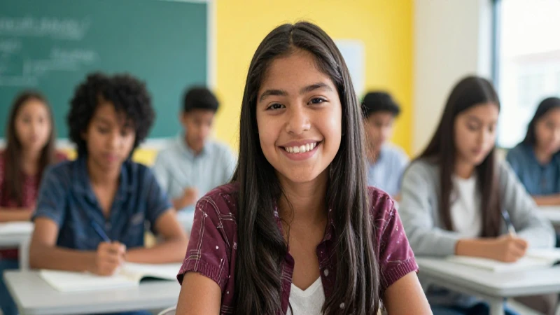 Estudiante mexicano sonriendo en aula moderna