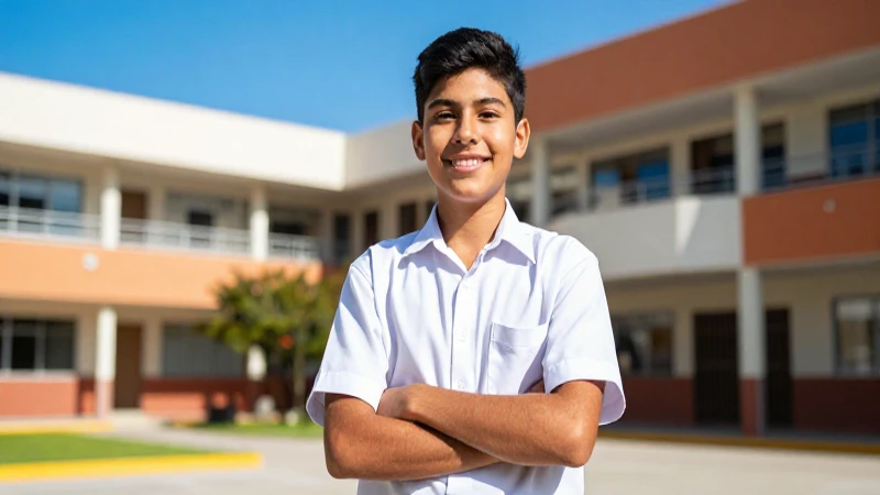 Estudiante mexicano en escuela moderna, listo para destacar