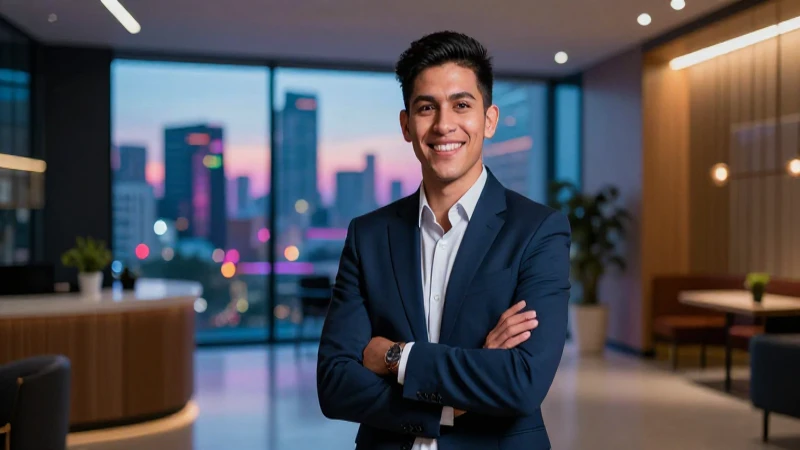 Joven mexicano sonríe en oficina moderna