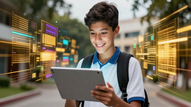 Joven estudiante mexicano con sonrisa y tablet holográfica