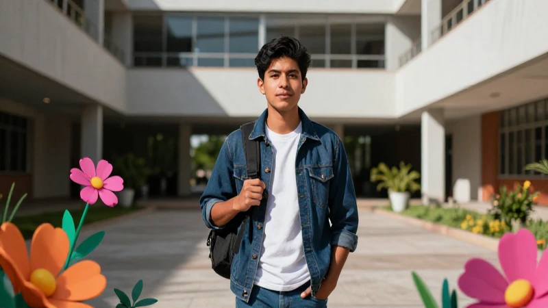 Estudiante mexicana vibrante en campus moderno