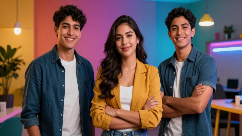 Tres jóvenes mexicanos en un entorno vibrante de oportunidades