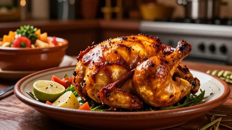 Pollo rostizado brillante en un ambiente mexicano vibrante
