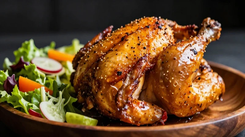 Fotografía culinaria épica de pollo dorado y salada