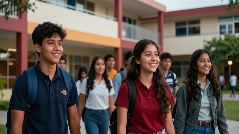 Estudiantes mexicanos alegres en campus académico moderno