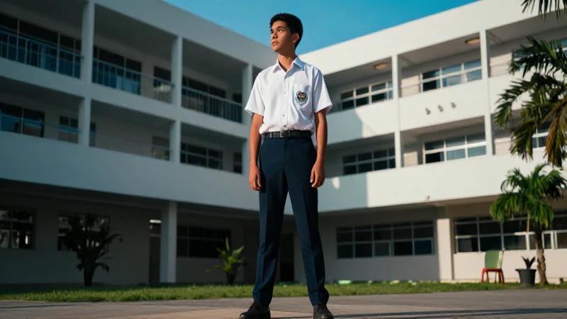 Joven mexicano con uniforme en moderno campus