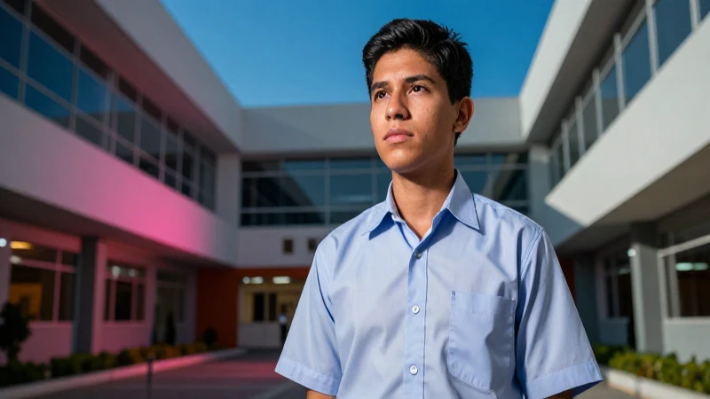 Estudiante mexicano decidido en campus moderno