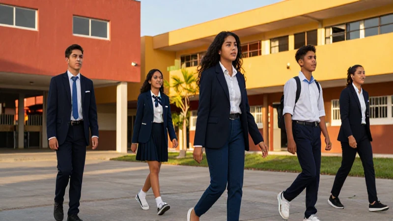 Estudiantes mexicanos en moderno campus escolar