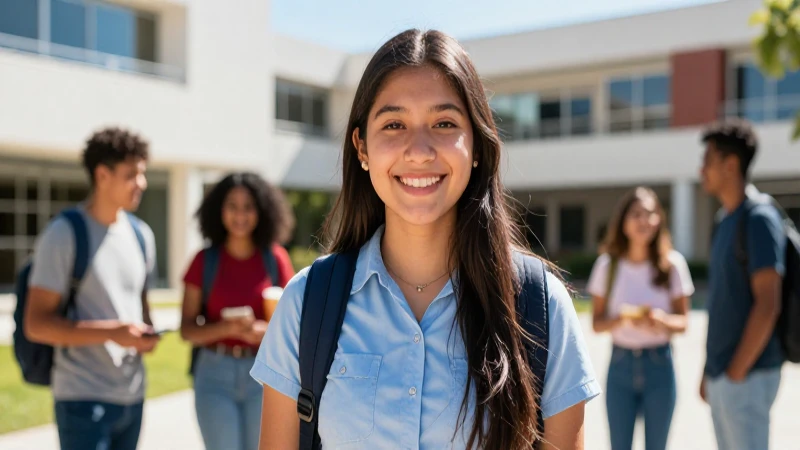 Joven mexicano sonríe frente a su escuela moderna