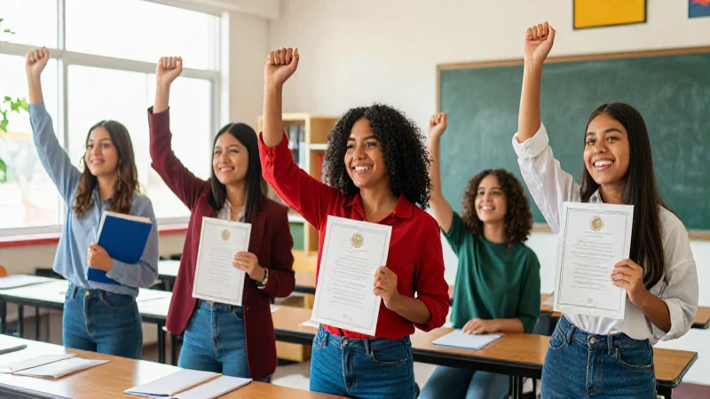 Estudiantes mexicanos celebrando logros académicos en un entorno vibrante