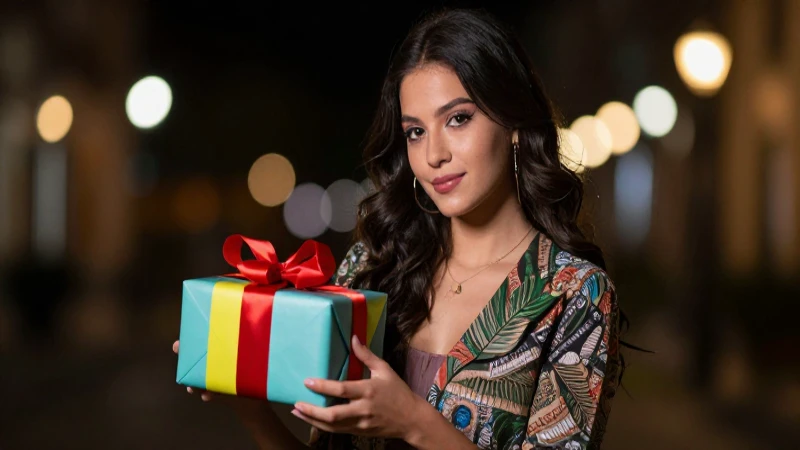 Mujer mexicana con regalo, estilo cinemático y brillante