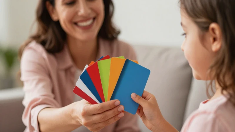 Madre sonríe entregando tarjetas coloridas a su hija