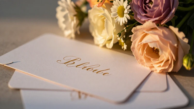 Tarjetas elegantes y flores con luz dorada