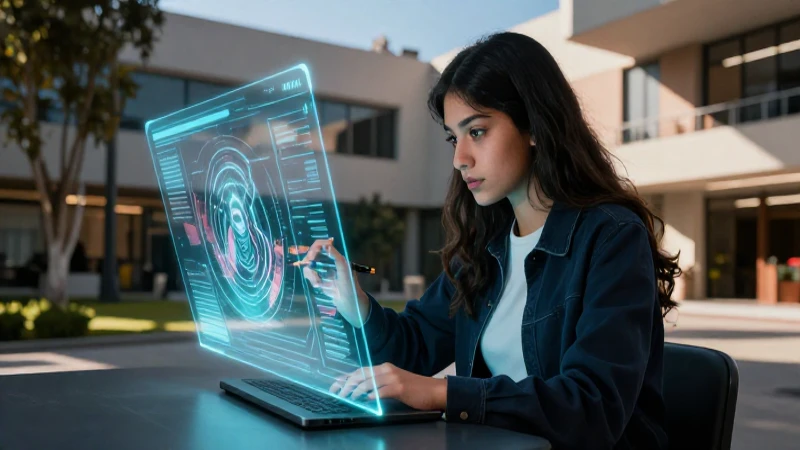 Estudiante diseña arte digital en campus moderno