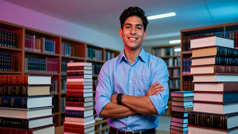Joven estudiante de derecho triunfante en biblioteca