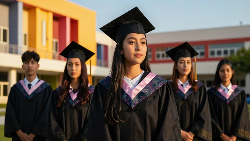 Graduados mexicanos en campus moderno al atardecer