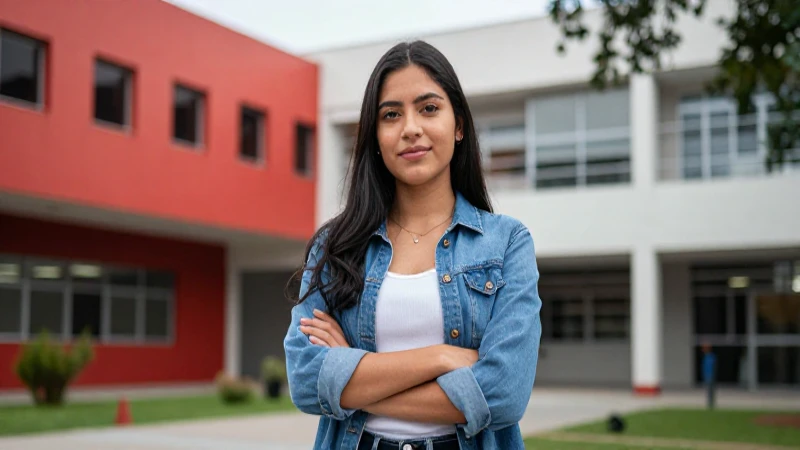 Estudiante mexicano exitoso en campus moderno