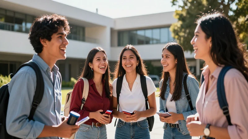 Estudiantes mexicanos riendo en campus vibrante